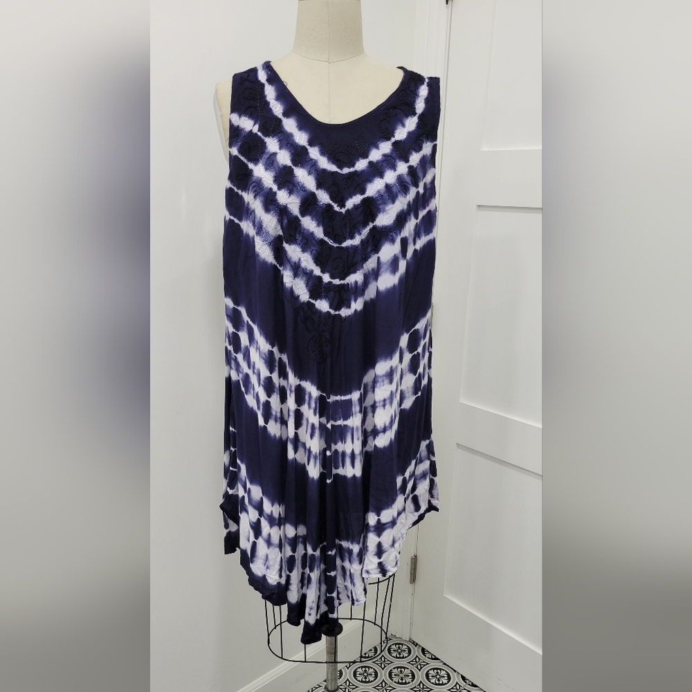 Ana & Rose Embroidered Hippie Navy White Tie-Dye Sleeveless Midi Dress One Size